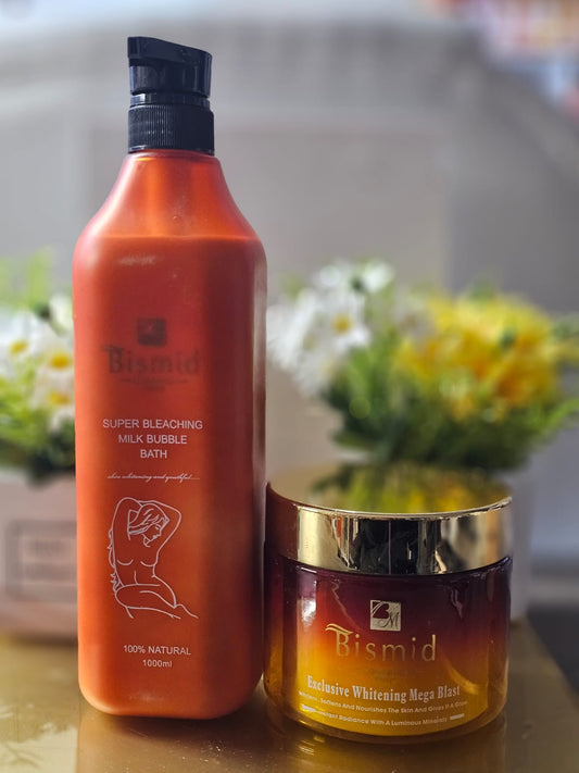 Bismid super bleaching milk bubble bath with whitening mega blast cream