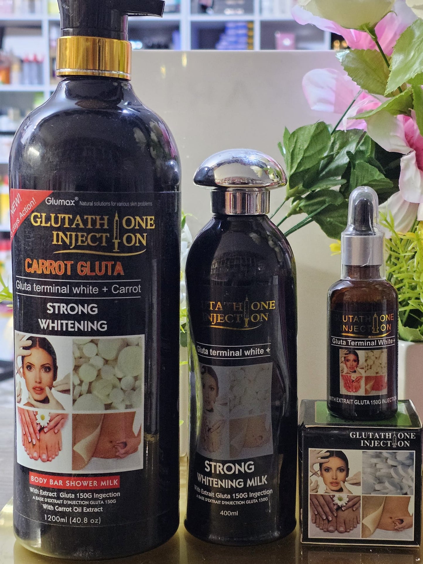 glutathione injection carrot gluta whitening shower milk, lotion, serum & face cream