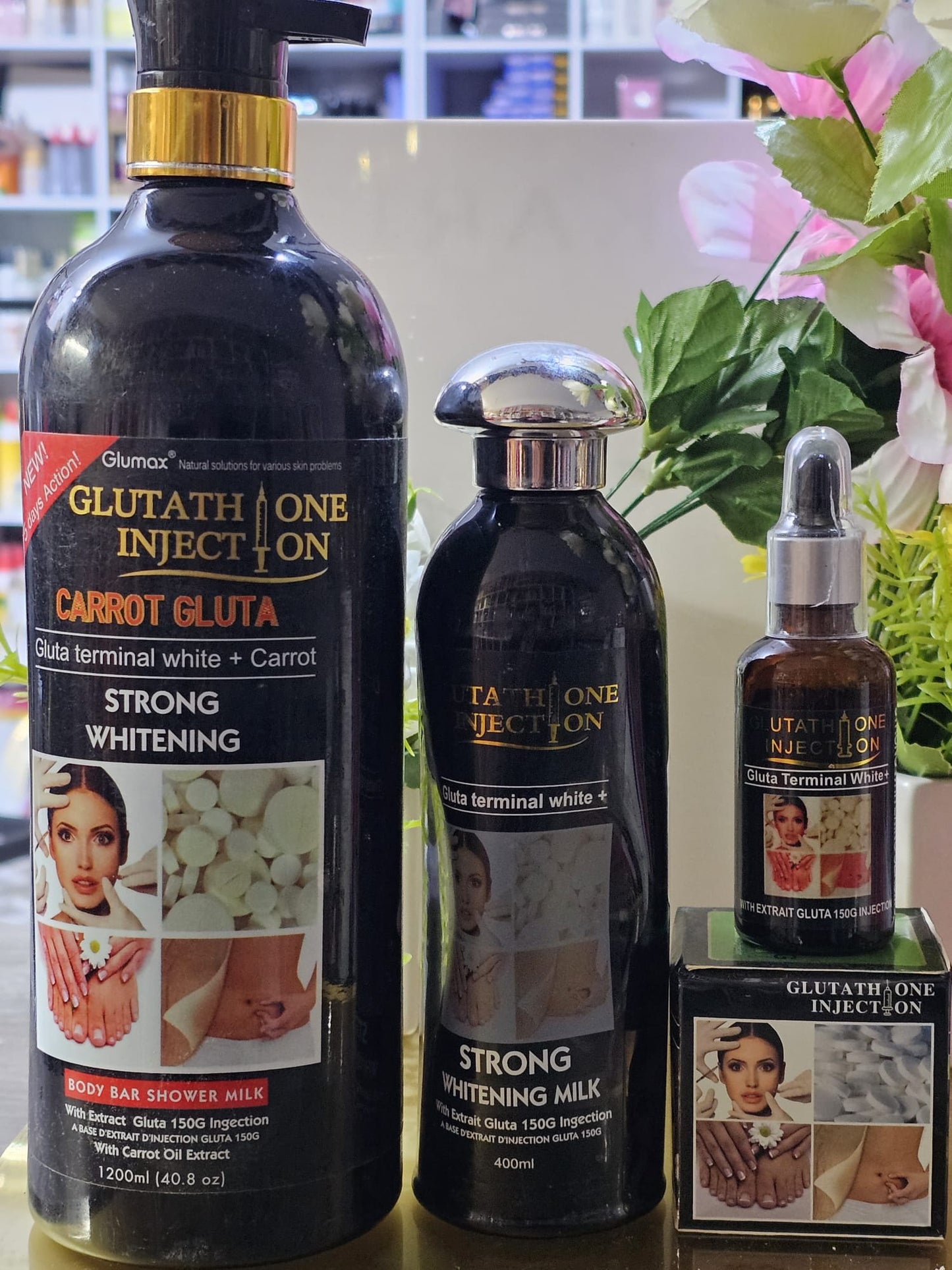 glutathione injection carrot gluta whitening shower milk, lotion, serum & face cream