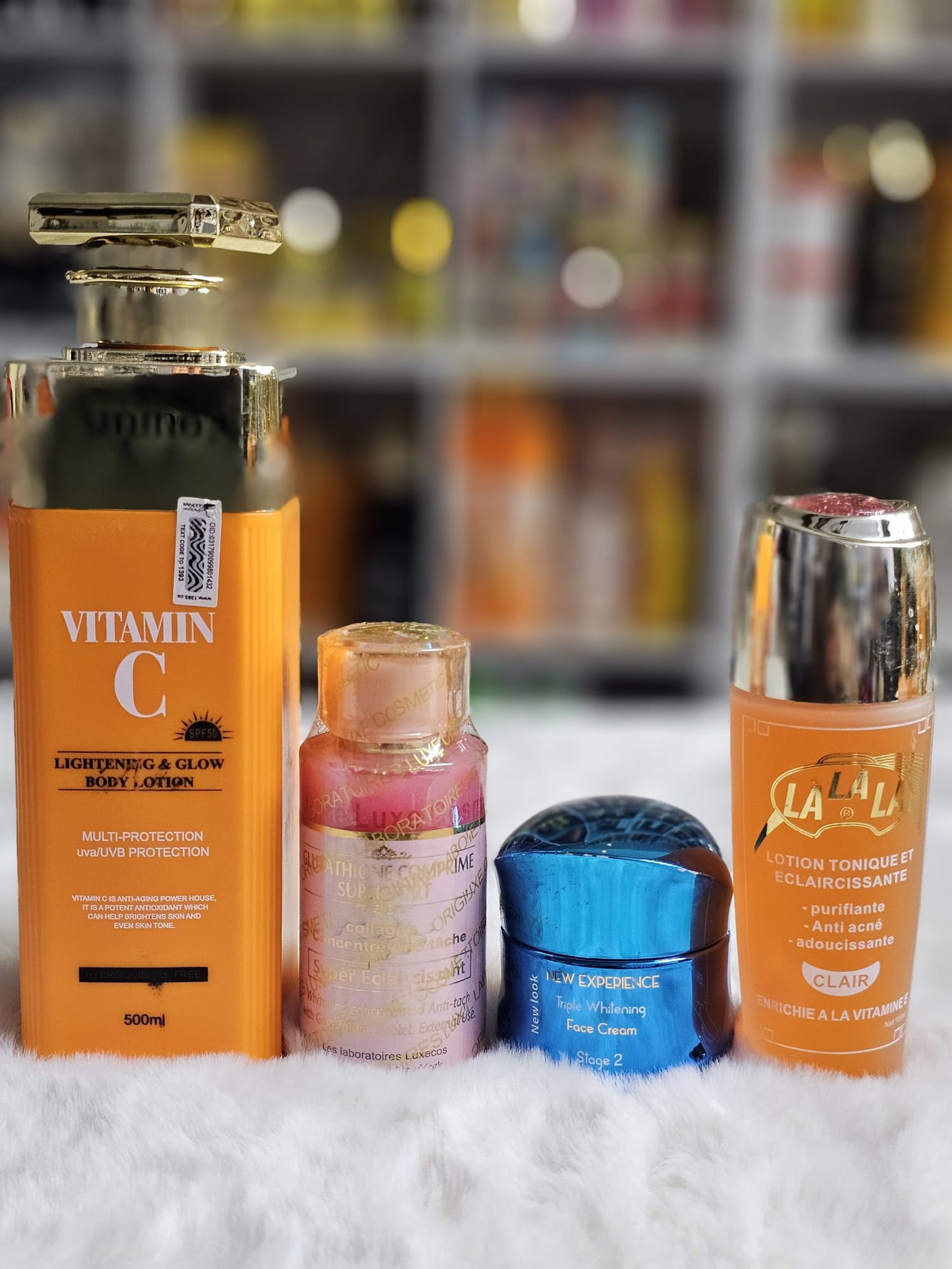 Lait amino glow body lotion, glutathione comprime, lalala oil, new experience face cream