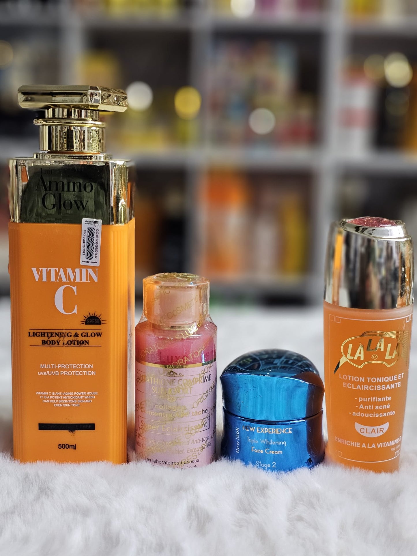 Lait amino glow body lotion, glutathione comprime, lalala oil, new experience face cream