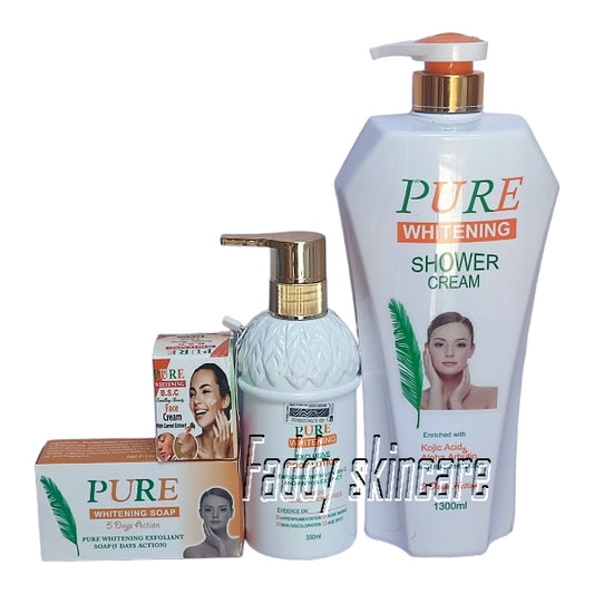 Pure whitening shower cream with lotion, whitening soap, lotion & face cream 4pcs set