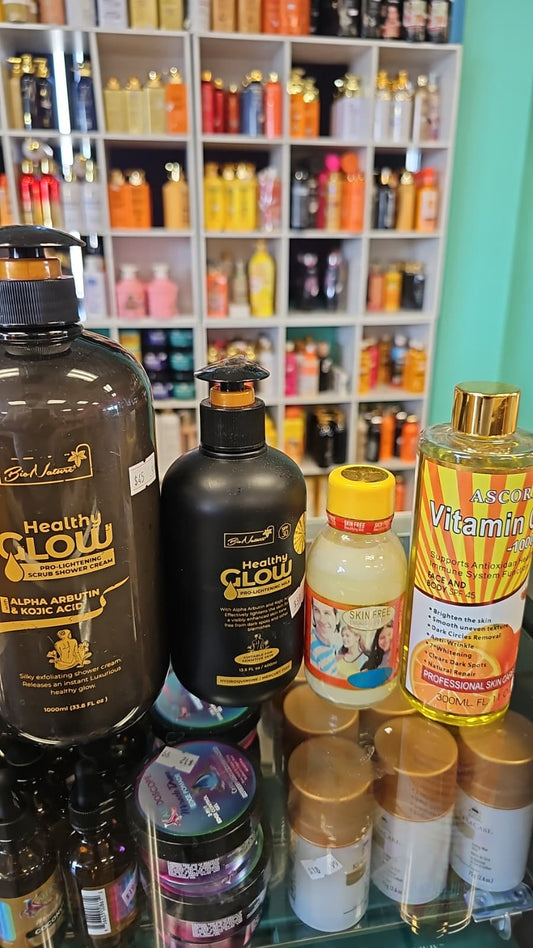 Healthy glow pro lightening scrub shower cream with body milk, skin free body milk & ascorbic acid vitamin c