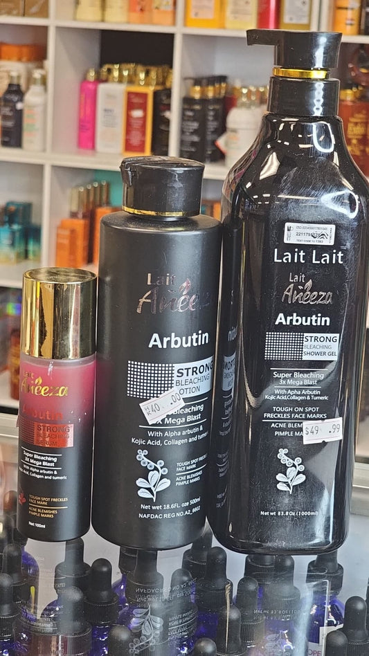 Lait aneeza arbutin strong bleaching body lotion 500ml with shower gel 100ml & serum 100ml