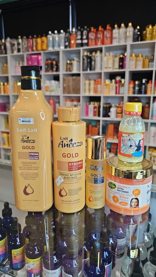 Lait aneeza gold body lotion set with skin free body milk & veet gold vitamin c whitening scrub