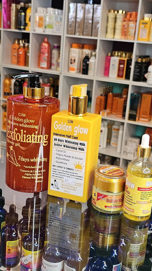 Golden glow exfoliating shower gel with body milk, face cream & serum