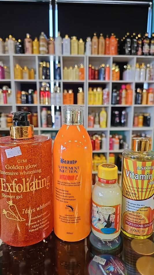 Golden glow exfoliating shower gel with beauty supplement, skin free serum & ascorbic vitamin c