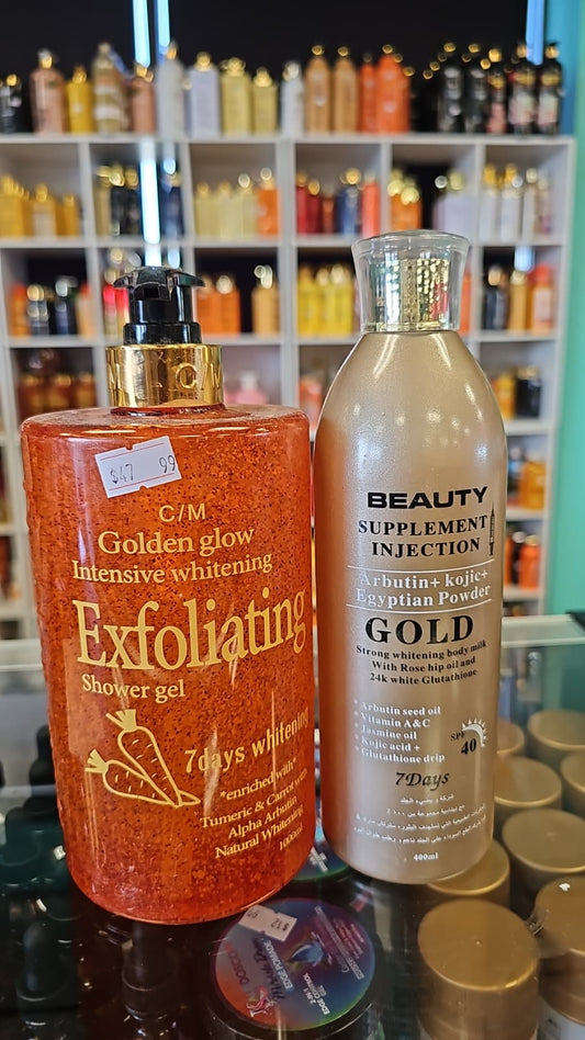 Golden glow exfoliating shower gel with beauty supplement injection body milk