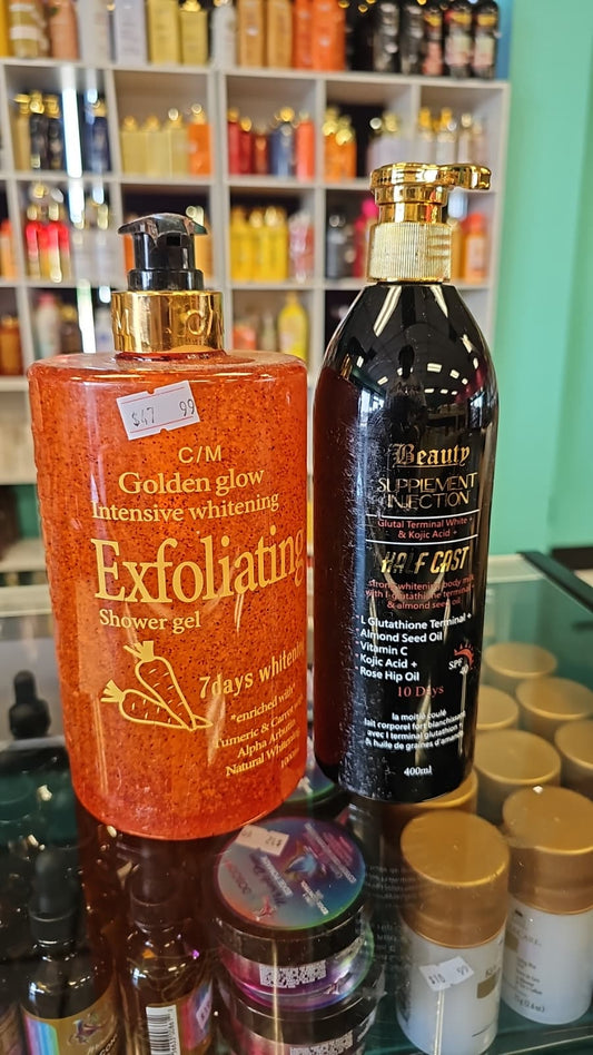 Golden glow exfoliating shower gel with beauty supplement half cast body milk