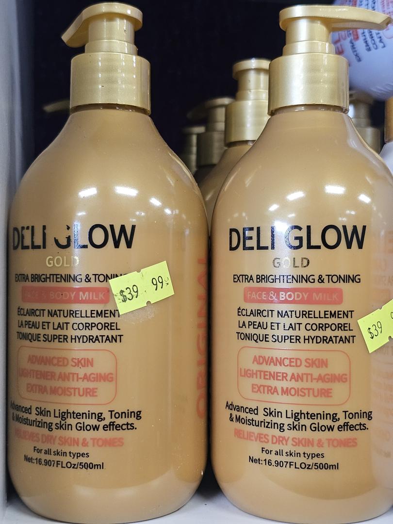 Deli glow gold extra brightening & toning face & body milk 500ml