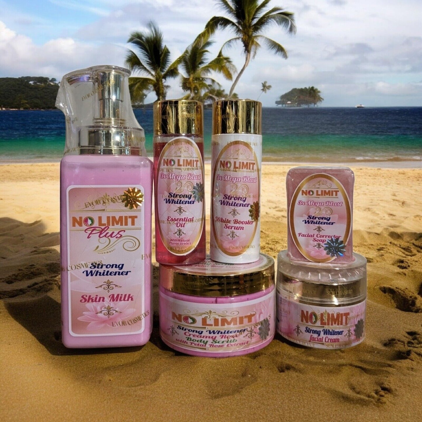 6pcs. No Limit plus Lotion, Serum, Oil, Face Cream & Face soap, Body Scrub Evob