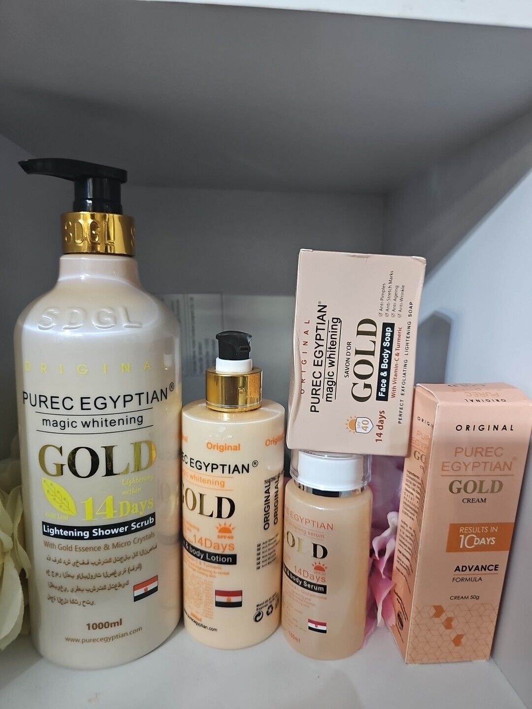 Purec Egyptian Gold lotion 300ml, Serum, Soap, Tube Cream And Shower Gel