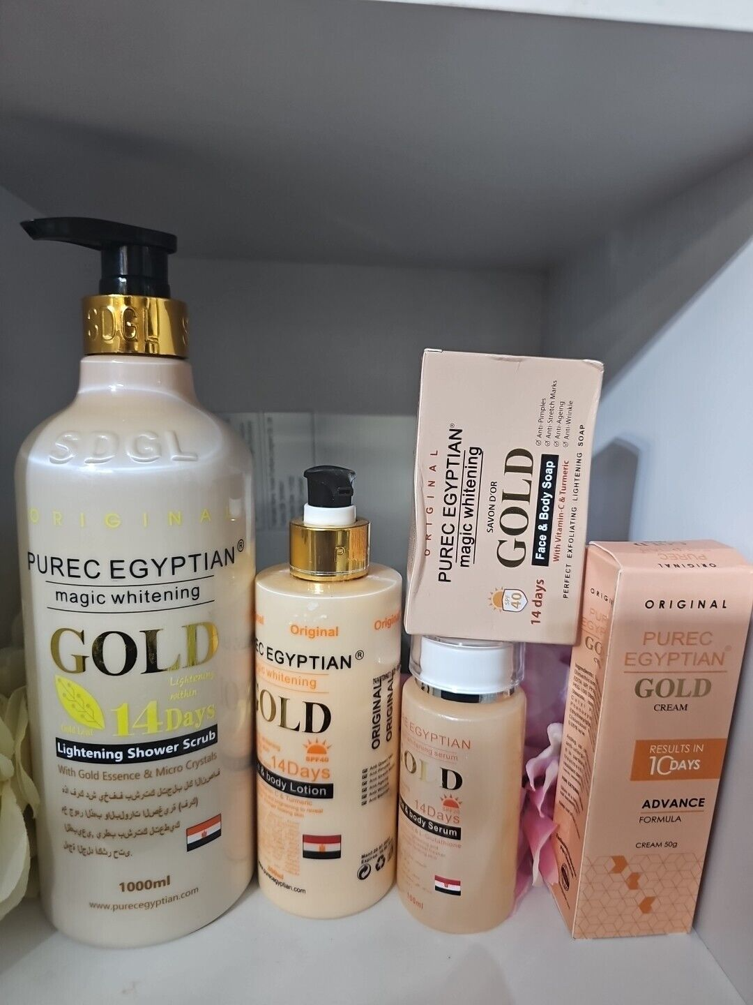 Purec Egyptian Gold lotion 300ml, Serum, Soap, Tube Cream And Shower Gel