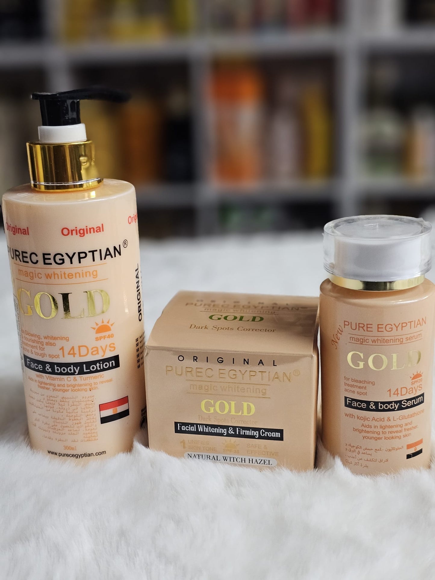 Purec egyptian gold face & body lotion, dark spot corrector & serum