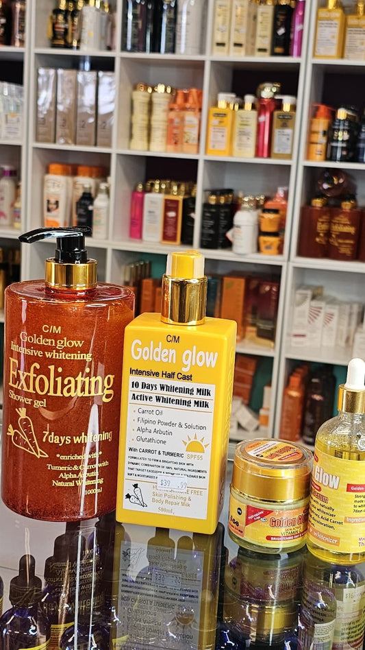 golden glow exfoliating shower gel with active whitening milk, face cream & serum