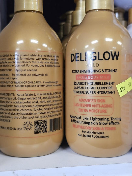 Deli glow gold extra brightening & toning face & body milk 500ml