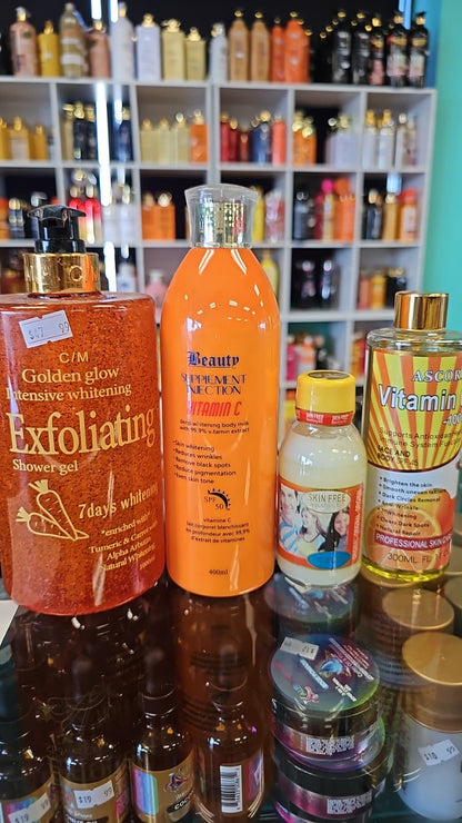 Golden glow exfoliating shower gel with beauty supplement, skin free serum & ascorbic vitamin c