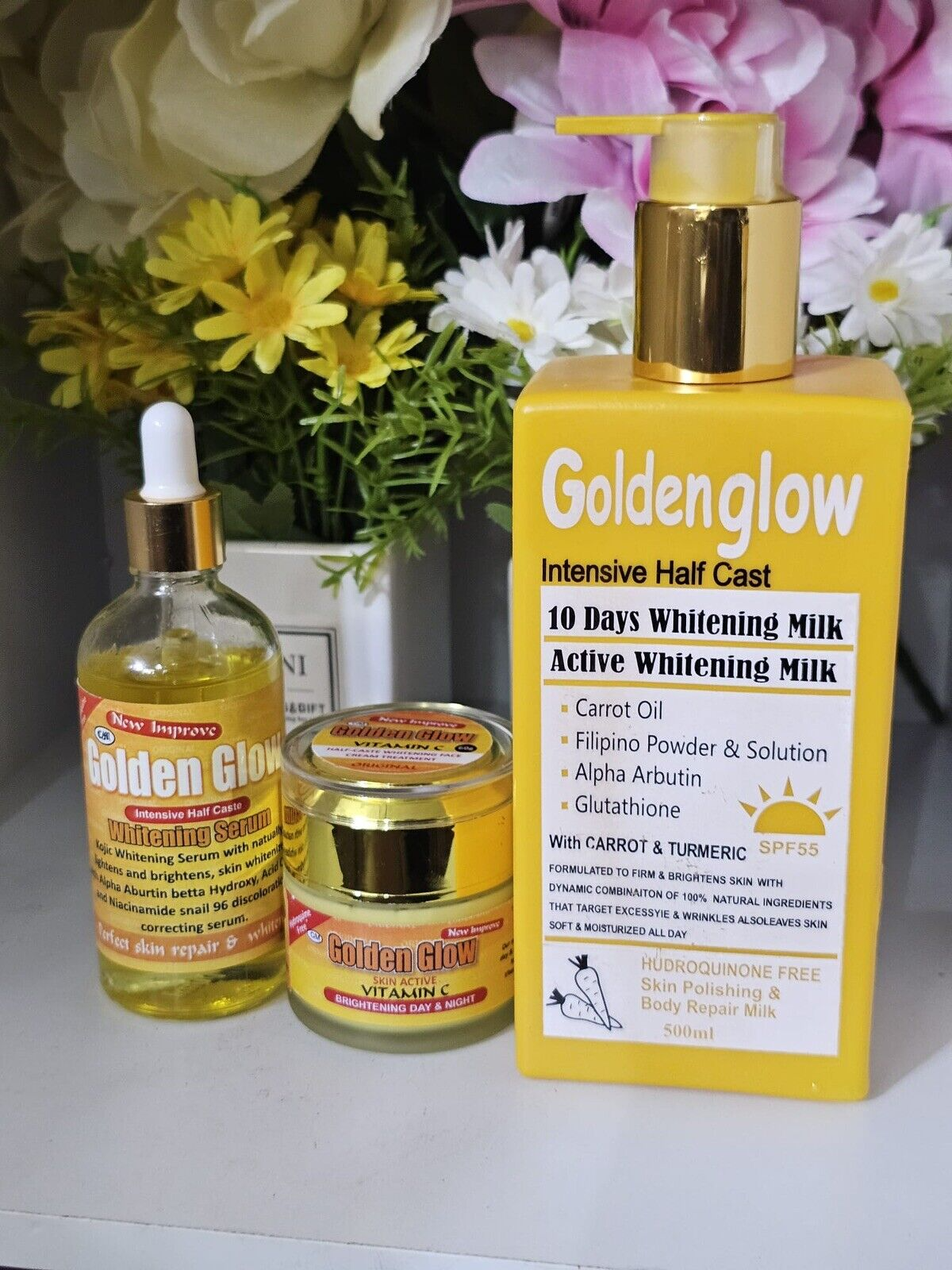 3 In 1 Set Golden Glow Body Milk 500ml, Face Cream + Serum