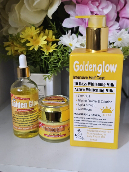 3 In 1 Set Golden Glow Body Milk 500ml, Face Cream + Serum