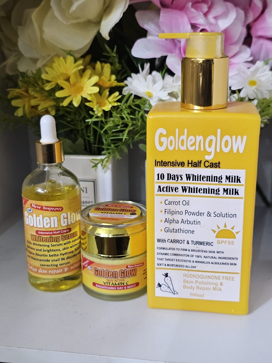 3 In 1 Set Golden Glow Body Milk 500ml, Face Cream + Serum